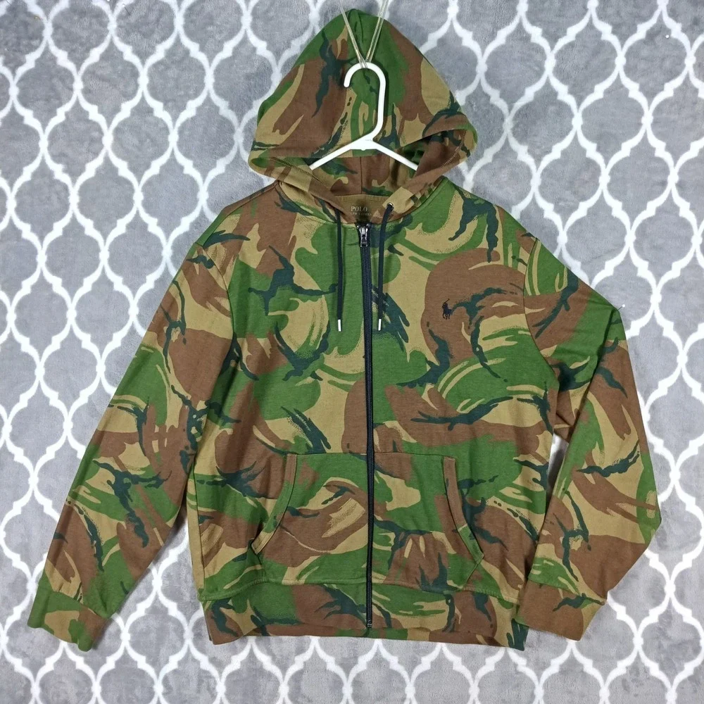 Polo Ralph Lauren Hoodie Men Large Green Brown Camouflage Full Zip Streetwear